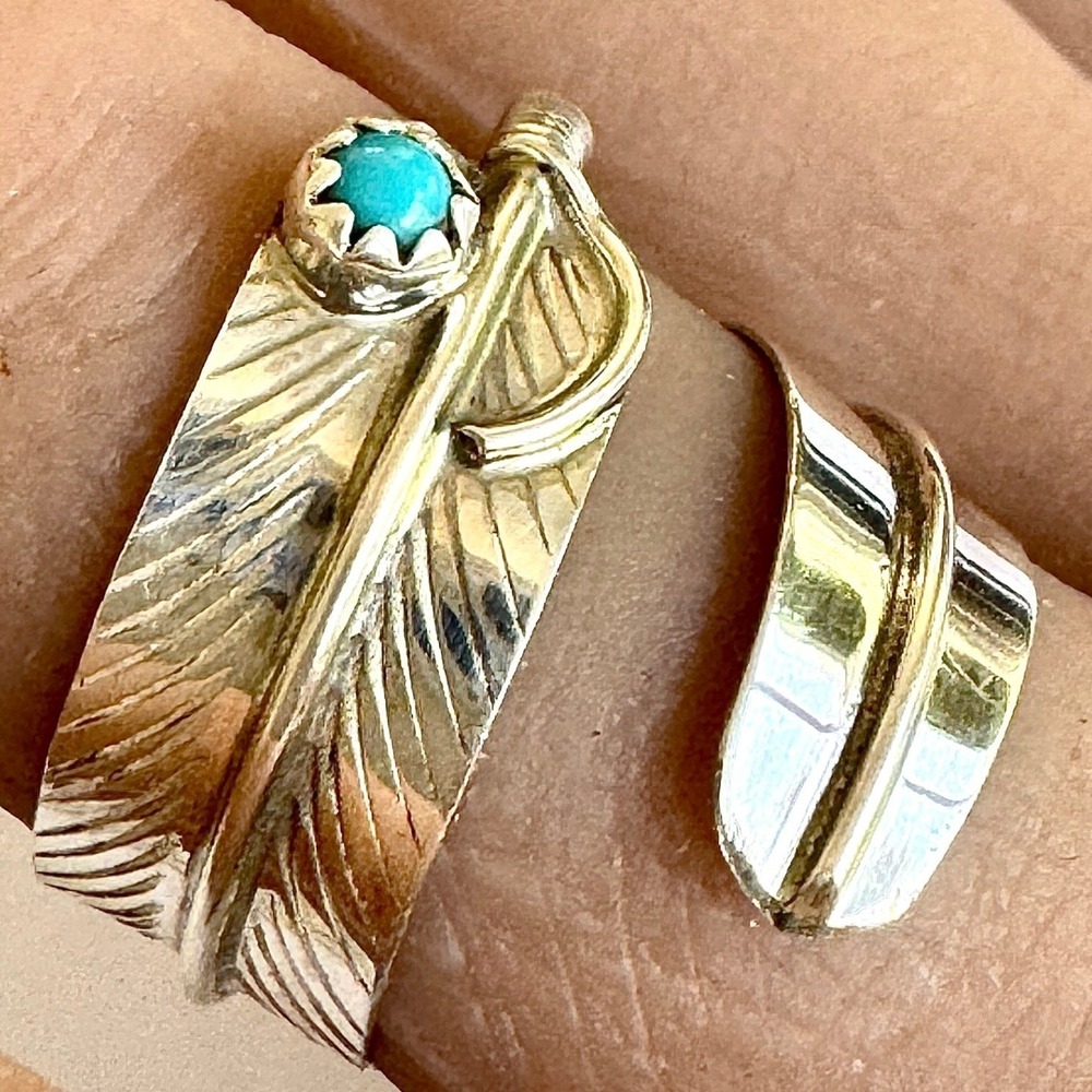Navajo Turquoise Wrap Ring Feather Sz 6 Adjustable Bypass Sterling Signed AD